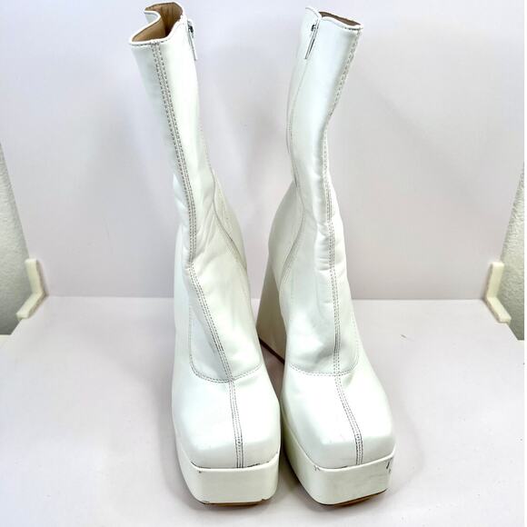 Pretty Little Thing White Platform Boots Size 7 Chunky Heels Square Toe Zip - Picture 8 of 15